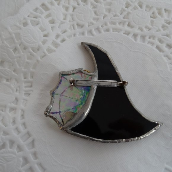 Handmade Stain Glass Witches Hat Orange Rhinestones Spider Movable Eyes Brooch - Picture 3 of 8